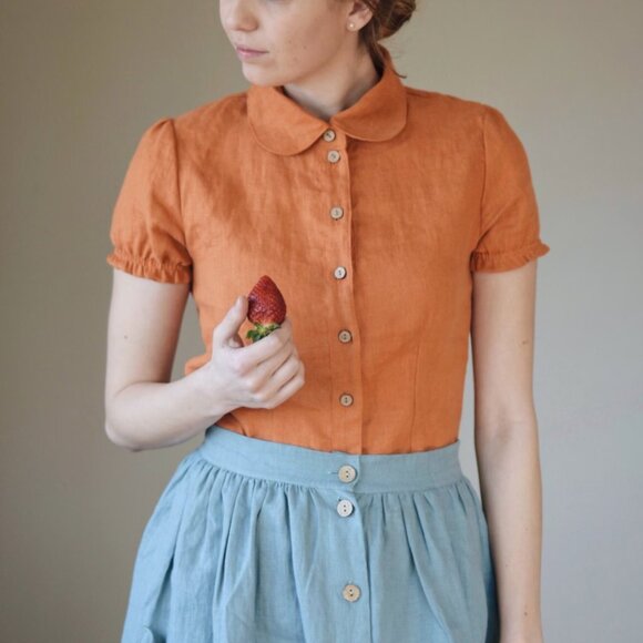 NWOT Linen Peter Pan Collared Short Sleeve Shirt - Size XS, Yellow - Picture 6 of 6